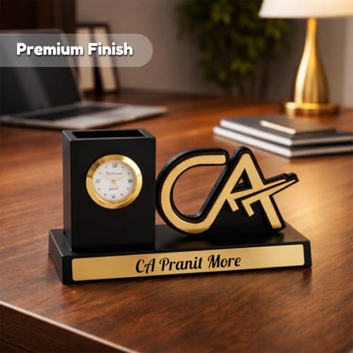 Image of Giftana 2 in 1 Personalized Desk Table Organizer with Pen Gift Set for Doctors, Customized Pen Stand Table Clock & Calendar, Customised New Year Corporate Gift Set for Employee (4 in 1 CA Symbol)