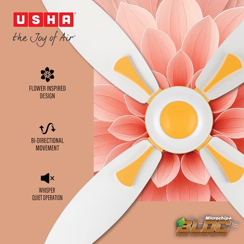 Image of USHA Bloom Series Dahlia 100% Copper Motor 4-Blade BLDC Ceiling Fan | Bi-Directional | Sleep /Boost /Timer Modes | RF Remote | Dust-Resistant | 3Y Motor & 2Y PCB Warranty (White & Saffron Yellow)