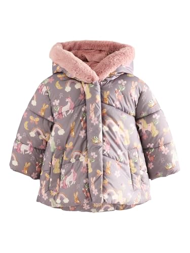 NEXT Niñas Abrigo acolchado con bordes de piel sintética impermeable Damson Unicorn 2 Años-3 Años