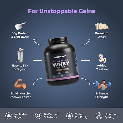 Image of Nutrabay Pro Nitro Build Whey Protein Powder - 2kg, Milk Chocolate | 30g Protein, 3g Creatine, 6.6g BCAA | Easy to Digest | NABL Lab Tested | Muscle Growth & Recovery | Gym Supplement for Men & Women