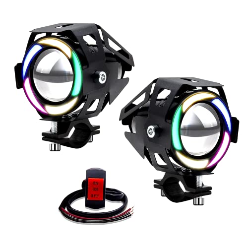 NWpangu Feux Additionnel Moto LED Phares de Route avec Coloré Halo 9-30V U7 Feux de LED Antibrouillard Led Project de Moto avec Interrupteur, 2PCS