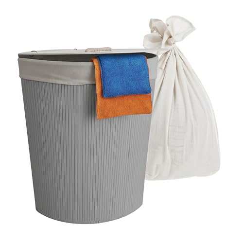 Relaxdays Eckwäschekorb mit Deckel, Bambus, 80 l, Faltbarer Wäschesammler, HxBxT: 60 x 36 x 36 cm, Wäschekorb Ecke, grau
