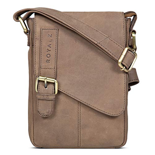 ROYALZ 'Louisiana' Bolso Bandolera Pequeño para Hombre Bolsa de Piel Auténtica Vintage Mensajero de Cuero, Color:Montana marrón Cover