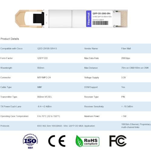 Image of 200G QSFP-DD SR4 Optical Transceiver Module, Compatible with Cisco QDD-2X100-SR4-S 200GBASE-SR4 850nm 100m DDM MPO-24 MMF