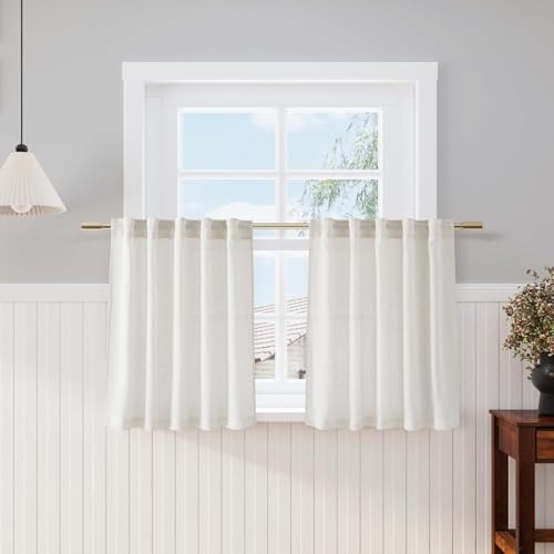 Image of Nanspring 30 Inch Long Cream Curtains for Kitchen Linen Blend Semi Sheer Light Filtering Back Tab and Rod Pocket Rustic Farmhouse Decor for Bathroom Small Window Curtain 29 x 30 Inch, 2 Panels