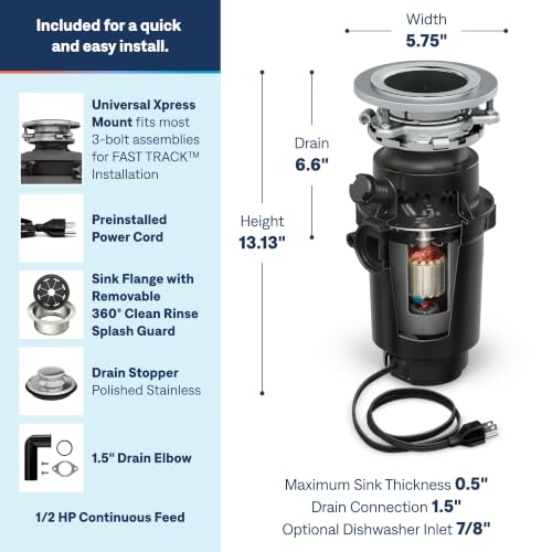 Image of Moen Prep Series Disposer 1 /2 Horsepower Continuous Feed Garbage Disposal featuring Fast Track Technology, Power Cord Included, GT50C