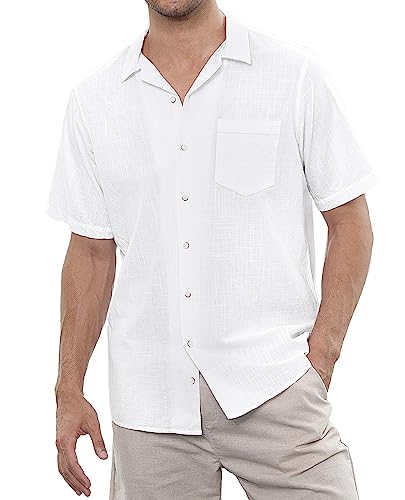 siliteelon Men's Linen Shirt White Short Sleeve Casual Cotton Regular fit Summer Beach Shirt,L