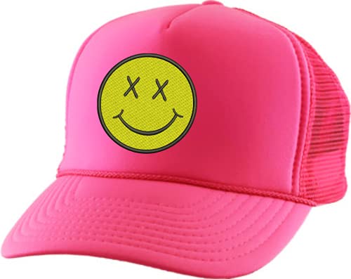ALLNTRENDS Adult Trucker Hat Smile Face Embroidered Baseball Cap Adjustable Snapback (Neon Pink)