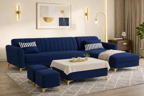 Image of Adorn India Premium Luster 8 Seater L Shape Sofa Set with 2 Puffy & 1 Center Table | Velvet Suede Fabric | 3-Year Warranty | RHS | Blue with Golden Legs & Striped Pattern Cushion