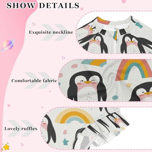 Cute Penguin Rainbow Girls Long Sleeve Swimsuit Rash Guard One Piece Bathing Suits Zipper 3-12T4