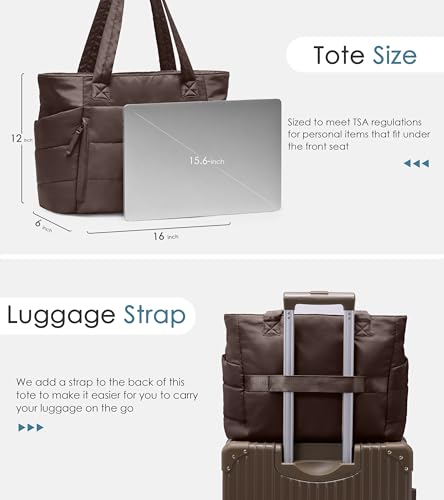 Tote Bag for Women with Zipper, Quilted Puffer Tote Bag with Compartments, Lightweight Puffy Work Bags for Women Travel (Dark Brown) — view 5