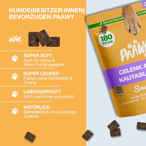 Gelenktabletten für Hunde von Paawy - Test SEHR GUT deutsche Marke - als Snacks mit Grünlippmuschel, MSM, Glucosamin, Chondroitin - sehr hohe Akzeptanz, natürlich, laborgeprüft - 180 Stück