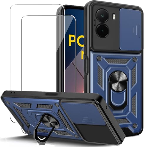 KUSINHOKA Funda para Xiaomi Poco M7 4G con Protección de Cámara Cubierta y Soporte de Anillo + [2 Pack] Cristal Templado, [Antigolpes Grado Militar] Anti-arañazos Protectora Carcasa, Azul