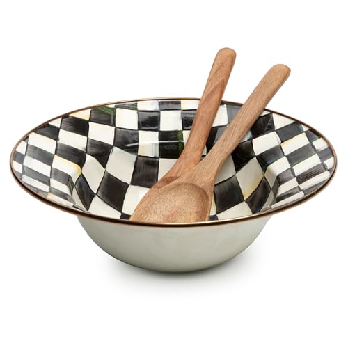 MACKENZIE-CHILDS Enamel Salad Serving Set, Enamel Bowl and Wooden Salad Servers, Decorative Kitchen Set, Black-and-White Courtly Check