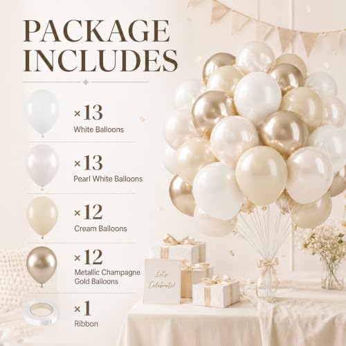Image of Beige White Pearl Balloons, 50PCS Nude Metallic Champagne Gold Cream White Double Stuffed Balloon Neutral Ballons for Birthday Boho Wedding Anniversary Engagement Party Decoration
