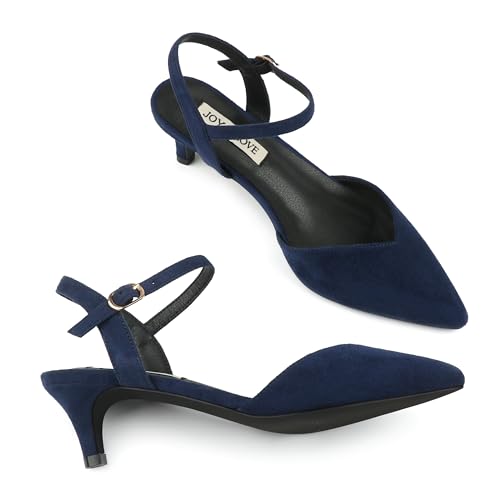 Image of JOY IN LOVE Women's Pointed Toe Kitten Heel Pumps, Ankle Strap Low Heel Work Dress Shoes