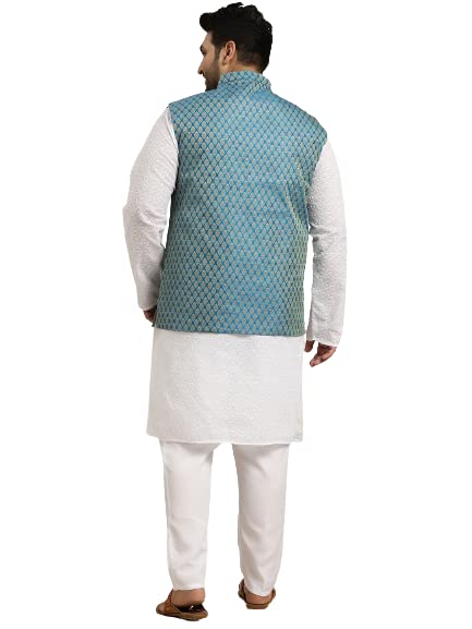 Image of SOJANYA (Since 1958) Men's Silk Blend Dark Green Kurta & Silk Blend Nehrujacket With Off White Churidar Pyjama Set
