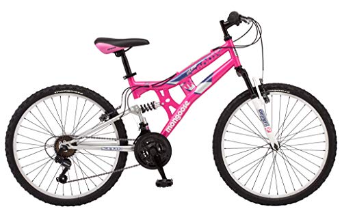 Mongoose Exlipse Full Dual-Suspension Mountain Bike For Kids, Featuring 15-Inch/Small Steel Frame And 21-Speed Shimano Drivetrain With 24-Inch Wheels, Kickstand Included, Pink #TOP6