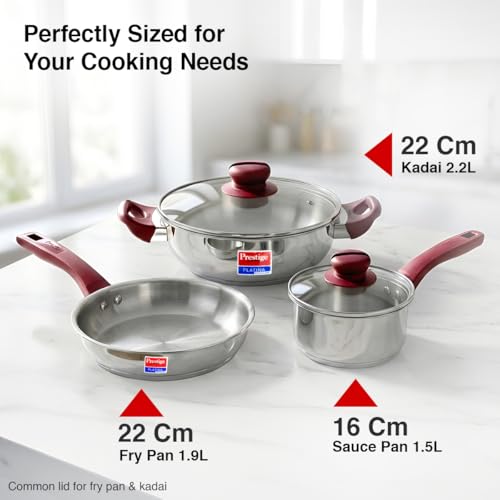 Prestige Stainless Steel 3 Pc Cookware Set with 2 Glass Lids | Platina Popular | Fry Pan 22cm/1.9L | Kadai 22cm/2.25L | Sauce Pan 16cm/1.5L | Gas &... - Image 4