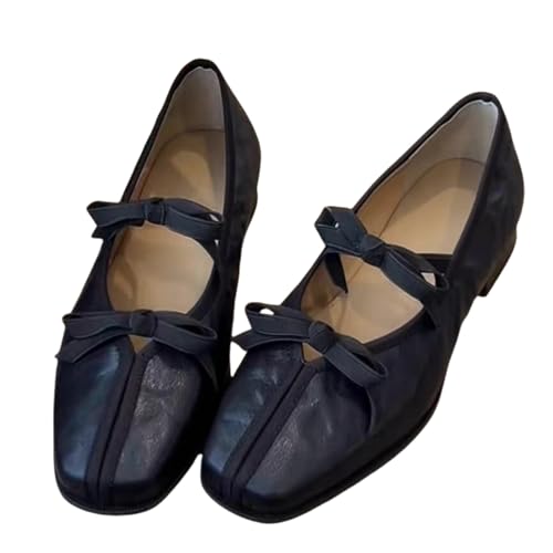 Elegant Sheepskin Low Heel Mary Jane Ballet Flats for Women | 3cm Heel, Shallow Mouth Square Toe Shoes with Bow Detail | Comfortable & Stylish Everyday Wear
