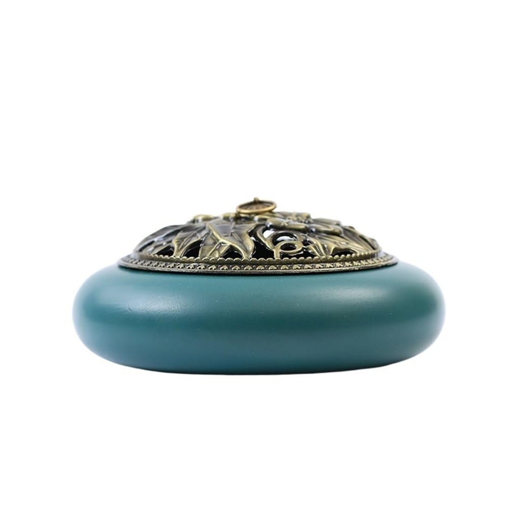 Incense Pot Creative Ceramic Incense Burner Vintage Lotus Flower Holder With Lid For Incense/Cone/Coil/Sticks(Green)