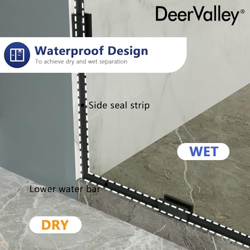 Image of DeerValley 32 inchx78 inch Frameless Shower Glass Panel, Matte Black | 3 /8'' Thick Tempered Glass, Stainless Steel Clamps, Reversible Installation, Easy to Clean