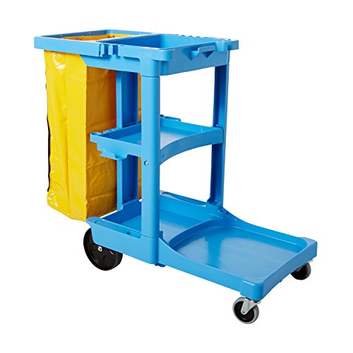Image of Rubbermaid Commercial Products Traditional Janitorial 3-Shelf Cart, Wheeled with Zippered Yellow Vinyl Bag, Blue, 38.4 inch x 21.8 inch x 46 inch