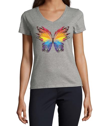 T-Shirt Femmes Coton Col V Gris Papillon Art Abstrait Nature Tendance