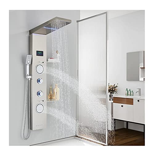 CPYGMXI de Torre de Paneles de Ducha divididos con Estante de Ducha, Columna de Ducha de Acero Inoxidable con Cabezal de Ducha de Lluvia LED y chorros de carrocería, 3 Funciones a Mano de Ducha y