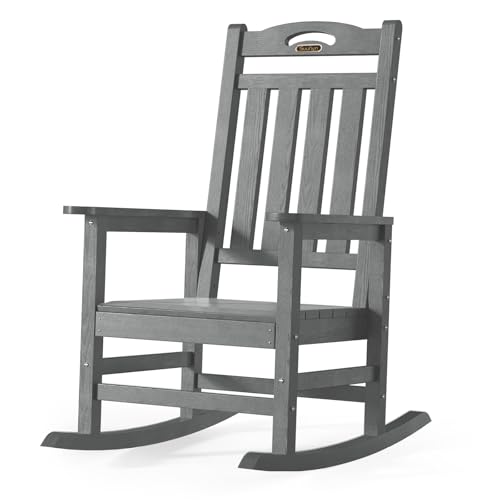 SUUNYN Oversized Outdoor Rocking Chair, High Back Porch Rocker Chair, HDPE All Weather Resistant Rocking Chairs for Patio, 380lbs Weight Capacity, Grey
