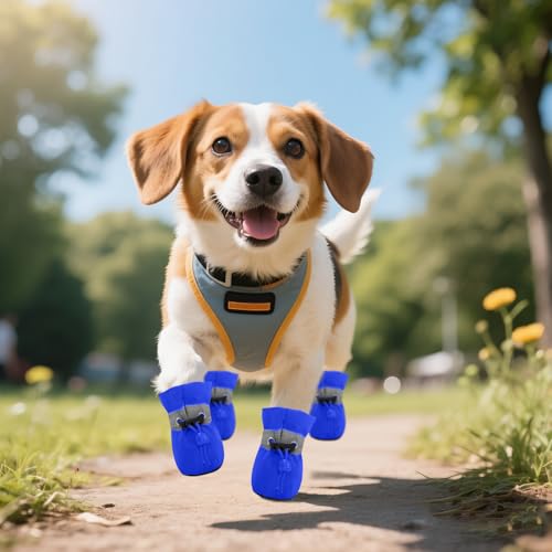 4 PCS Hundeschuhe Sommer, Hundeschuhe Pfotenschutz, Pfotenschutz für Hunde, Ausgestattet mit Reflektierendem Band, Geeignet für Den Lnnen- und Außenbereich, Atmungsaktiv und Verschleißfest/Blau 2