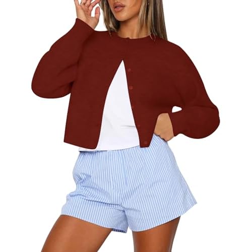 Kistore Womens Cropped Cardigan Sweaters Crew Neck Long Sleeve Button Up Sweaters Lightweight Knit Trendy Sweaters 2026 A-wine Red XX-Large