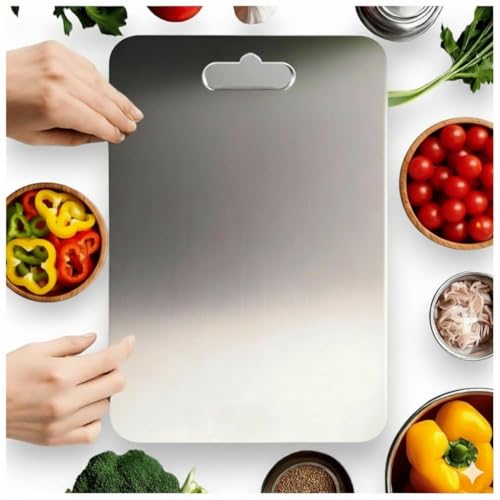 MIXOSA Stainless Steel Cutting Board with Handle, 32 x 21.5 cm, Scratch Resistant, Anti-Slip, Hygienic for Vegetables, Fruits & Meat