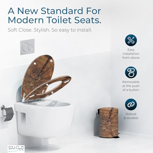 Image of Sanilo Wooden Toilet Seat with Quick Release & Soft Close [ROUND] - Decorative & Slow Close Molded Wood Seat - With One Click for Easy Installation & Cleaning - With Adjustable Fit (Old Tree)