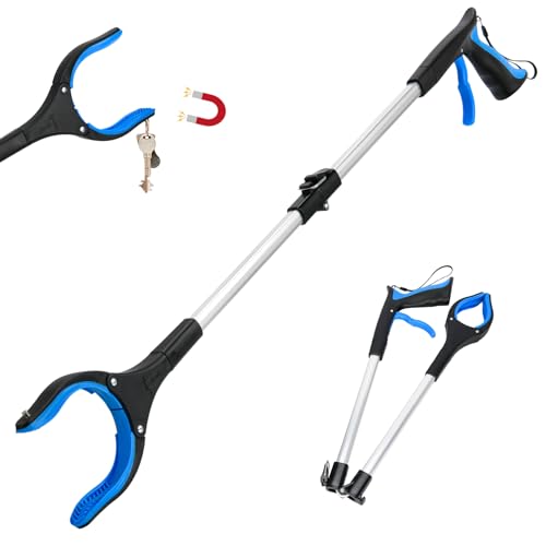 Grabber Reacher Tool,32 Inch Extra Long Foldable Pick Up Stick with Strong Grip Magnetic,360Â°Rotating Anti-Slip Jaw,Trash Claw Grabber Tool,Trash Picker Tool for Outdoor & Indoor (Blue1)