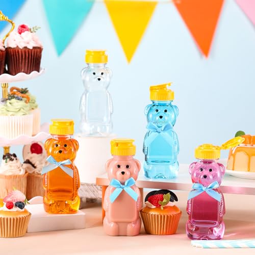 Honeydak 16 Pack Bear Straw Honey Cup for Baby 8 oz Bear Drinking Honey Bottles Empty Plastic Squeeze Bottles with Flip Top Lid Bow Jar Containers for Baby Shower Birthday Party Decoration(Blue) by Honeydak - Image 6