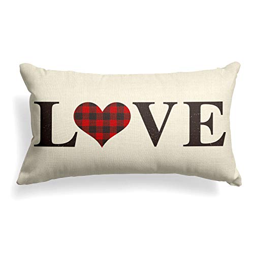 AVOIN Buffalo Plaid Love Throw Pillow Cover, 12 x 20 Inch Love Heart Holiday Valentine's Day Anniversary Wedding Cushion Case Decoration for Sofa Couch