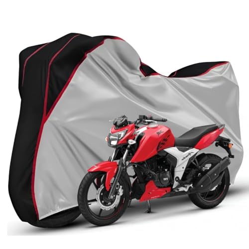 Image of Waterproof Bike Body Cover Compatible with Tvs Apache RTR 160 Dustproof Scratchproof - Motorcycle Cover for Two Wheeler, Outdoor Full Cover with UV, Duty, Rain Protection (Silver Top Black) R1