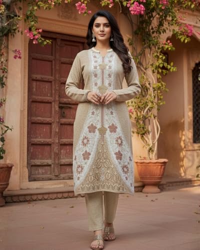 Image of KTI Full Sleeve Knee Length Floral Design Woolen Fabric 3 PC Kurti Set for Women Art NO-94164