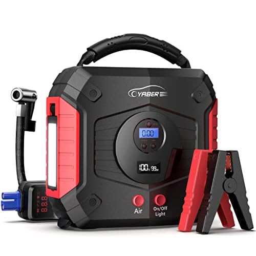 YABER Avviatore Batteria Auto 4 IN 1, Booster Avviamento Auto con Compressore Portatile, 2500A Avviatore Emergenza per Auto (Tutti i Motori a Benzina o 8L Diesel), Power Bank 24800mAh con Torcia LED