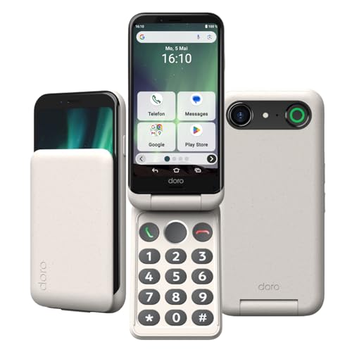 Doro - Aurora A20 Flip Smartphone - Seniorentelefon - Einfach zu bedienen - Hilfetaste mit GPS-Ortung - Hörgerätekompatibel - USB-Kabel im Lieferumfang - Weiß