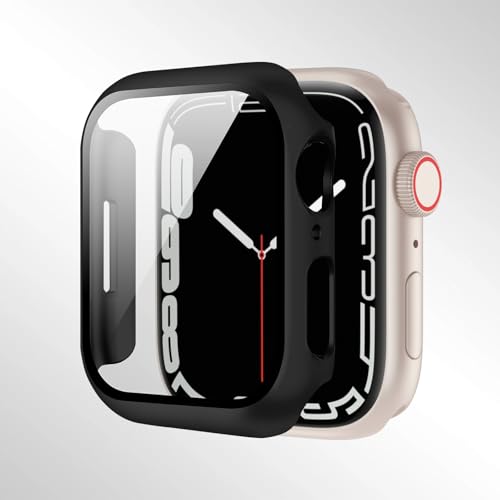 Compatible with Apple Watch Series 10/9/8/7/6/5/4 40/41/44/45/42/46mm, Featuring a Tempered Glass Screen Protector and a Hard PC case for All-Around Protection. (Black,45mm)