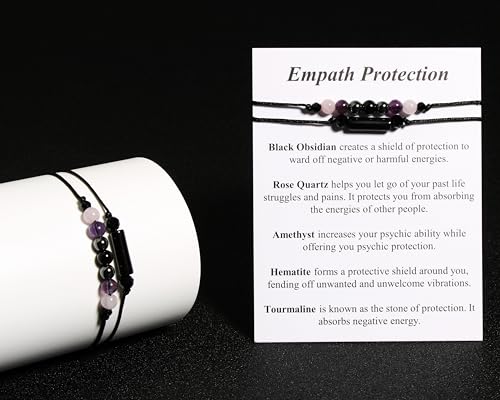 QqzsJewls Empath Protection Bracelets for Women Men, Energy Protection Gifts, Natural Healing Crystal Beads Bracelets, Tourmaline Obsidian Rose Quartz Amethyst Anxiety Relief Jewelry for Her Him