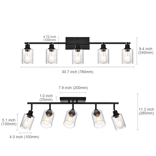 PENDRION Track Lighting Fixture Ceiling 5 Light Black Wall Vanity Lights for Bathroom with Seeded Glass, Modern Spot Fixture Ceiling Light Flush Mount with Rotatable Light Head for Kitchen Bar Foyer by PENDRION - Image 4