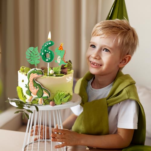 AIBAOBAO Świeczka urodzinowa z dinozaurem na 6 lat, Świeczki urodzinowe z cyfrą, Świeczka na 6 lat dla chłopców i dziewczynek, Świeczka z numerem z dekoracją tortu z dinozaurem, do dekoracji tortu na