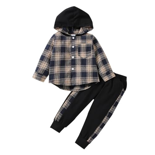 Image of FOCUTEBB Toddler Baby Boys Clothes Plaid Shirt Tops Hoodied Long Sleeve Sweatsuit Pants Fall Winter Outfits 12M-6T
