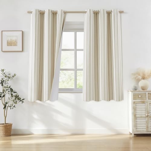 Bapawfish Tan Striped Full Blackout Window Curtains 63 Inches Length