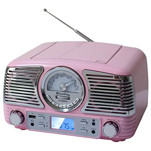 TechPlay QT62BT , Retro Design Compact Stereo CD, with AM/FM Rotary knob, Wireless Bluetooth Reception and USB Port. with AUX in and Headphone Jack Cover