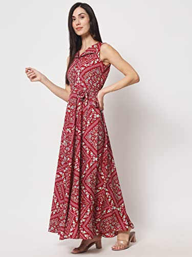 Image of Rudraaksha Women's Printed Maxi Dress Sleeveless Fit & Flare Long Dress || Western Dress for Women || Stylish Maxi Dress Dress || Summer Dress || Boho Printed Dress for Women