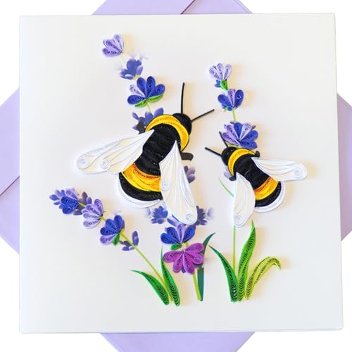 Quilling Birthday Card with Envelope - Handmade Elegant Hummingbird Tropical Flower - Quilled Card for Her, Mom, Friend - Thank You Greeting Card - Paper Quilling Art 6x6 Inch (Charming Bee Lavender)